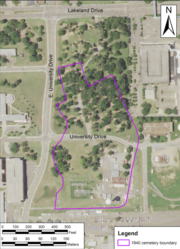 Ariel photo of the UMMC campus with outline of cemetery overlayed circa 1940 